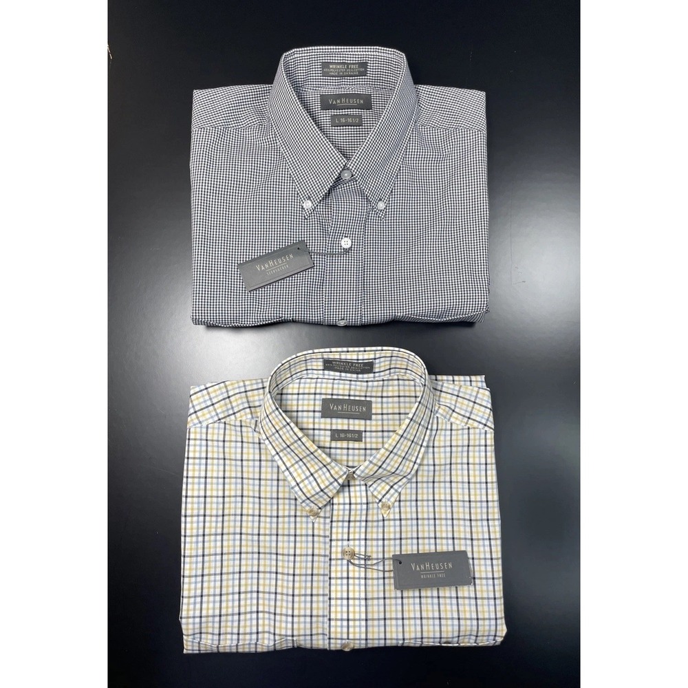 Lot of 2 Van Heusen WrinkleFree/Seersucker Button Down Shirt Mens L Short Sleeve